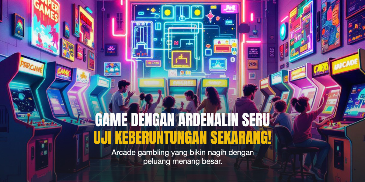 Suasana arcade tembak ikan dengan anak muda bermain mesin dari Spadegaming, penuh warna neon.